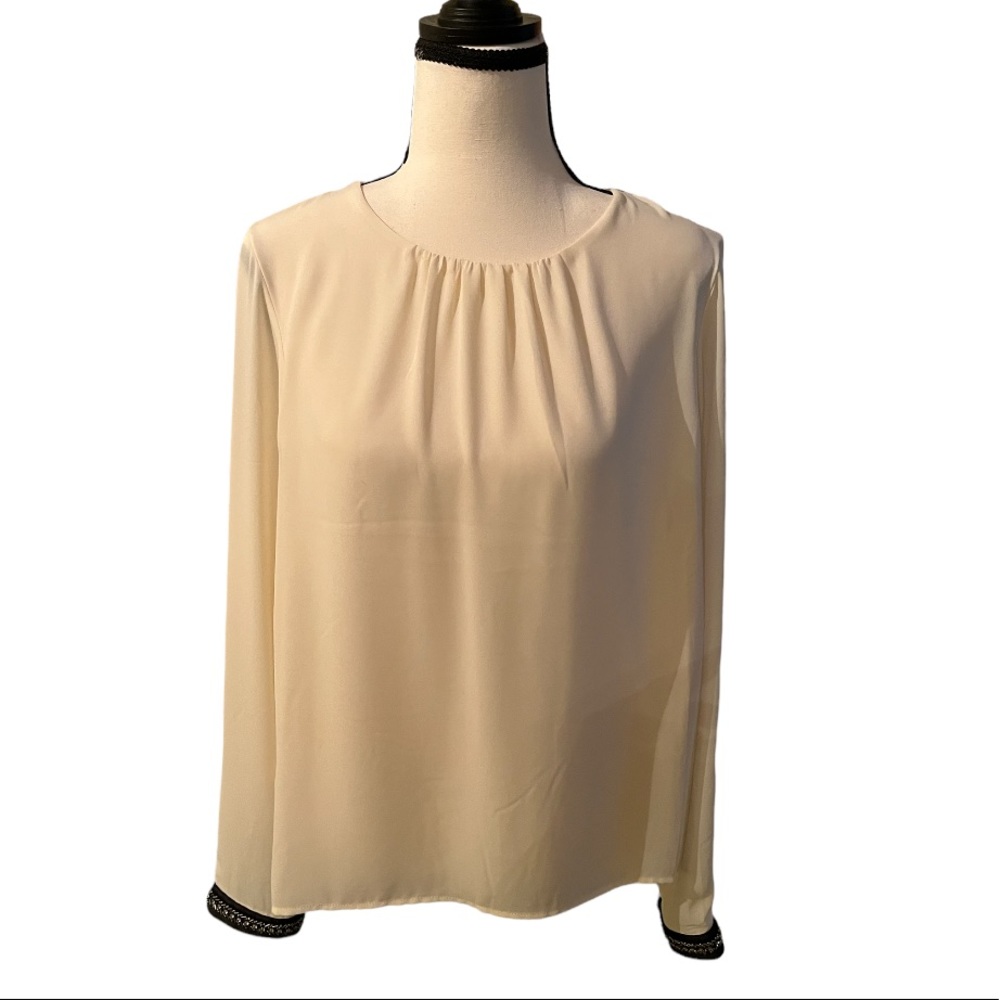 Forever 21 Contemporary Ivory Pleated Blouse With Black Beaded Sleeve